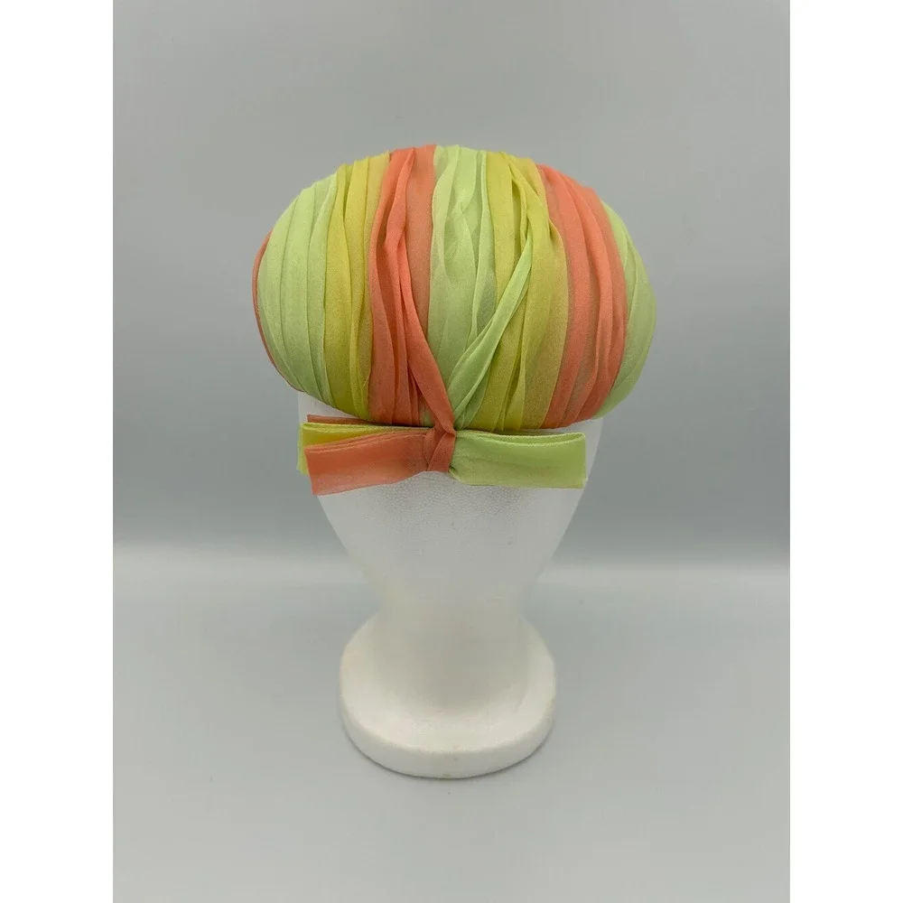 Vintage Jo Bailey Hats Fascinator Pillbox Green Yellow Peach Chiffon Bow 60s